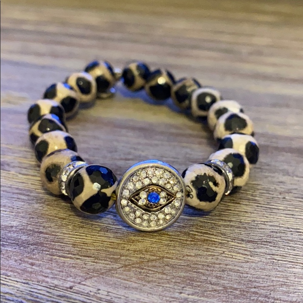 Evil eye and leopard stretchy beaded bracelet